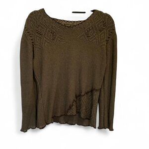 Gizel Olive Green and Brown Knit Flowy Sweater with Ruffle Hem size Large/XL
